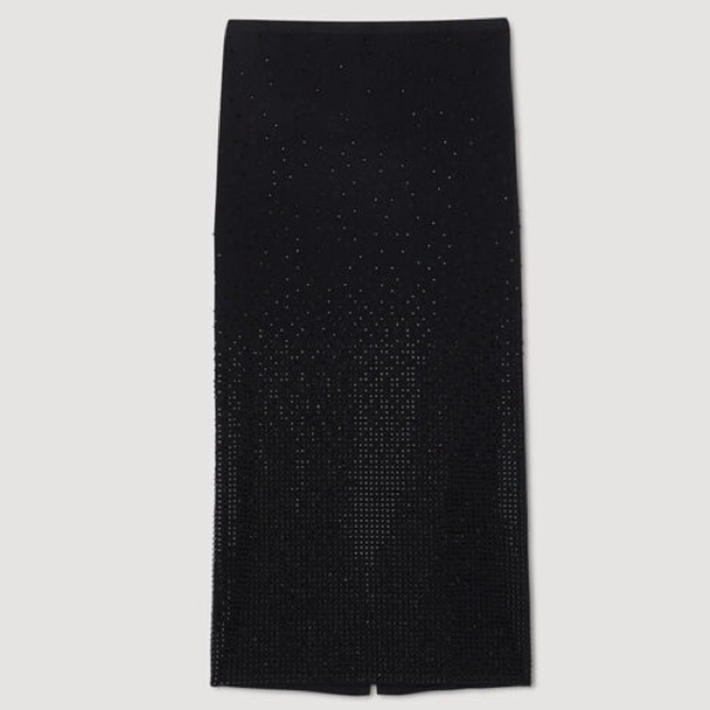 NWT Sandro Manray Black Rhinestone-embellished Midi Skirt—with seam rip - Picture 6 of 11